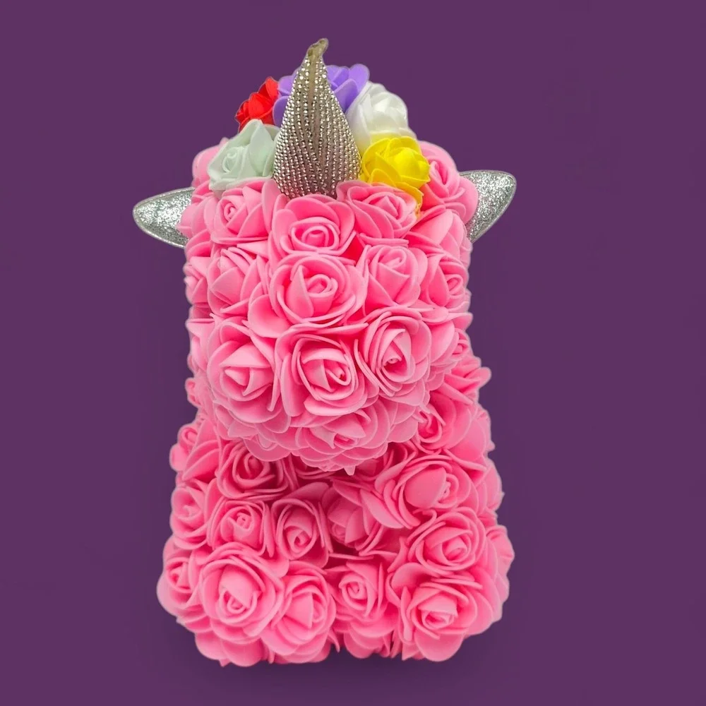 Rose Unicorn Gift - Pink Foam Flowers, Rainbow Mane, 